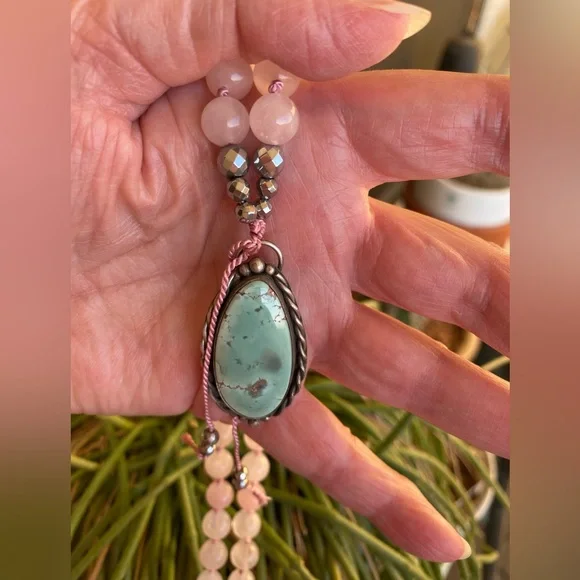 Rose Quartz, Pyrite and Turquoise Mala Necklace - Picture 5 of 9